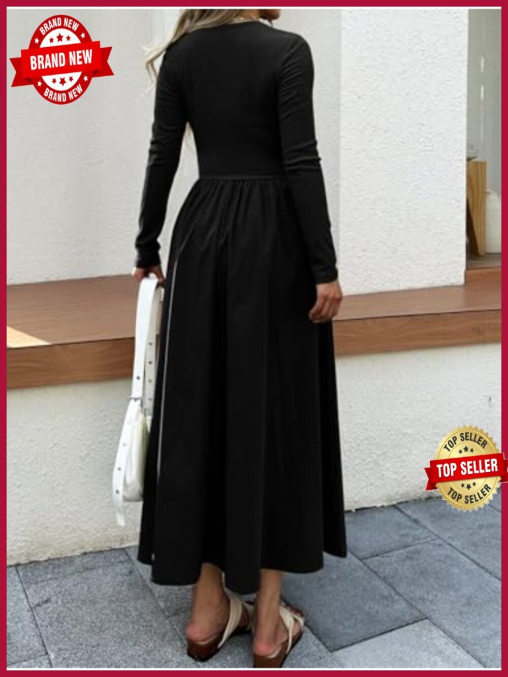 Long Sleeve Maxi Dress with Pockets Cutout Shoulder A-Line Flowy Full Length - Picture 3 of 5